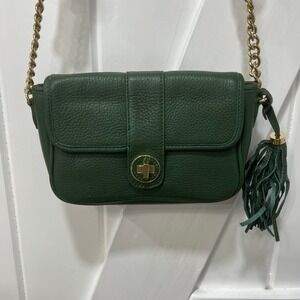 Isaac Mizrahi Womens Crossbody Bag Green Pebble Leather Flap Chain NEW Tassel